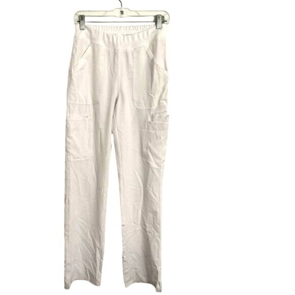 White Elastic Waist Cargo Scrub Pants Women M Straight Leg Polyester Blend